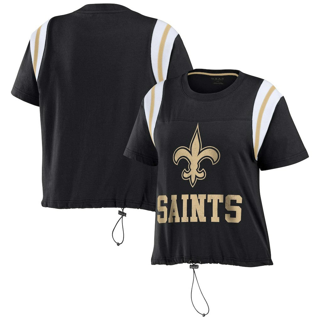 New Orleans Saints WEAR by Erin Andrews Women's Cinched Colorblock T-Shirt Black | NFL