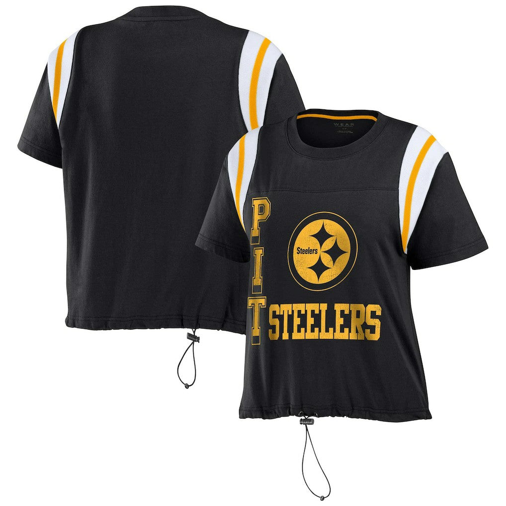 Pittsburgh Steelers WEAR by Erin Andrews Women's Cinched Colorblock T-Shirt Black | NFL