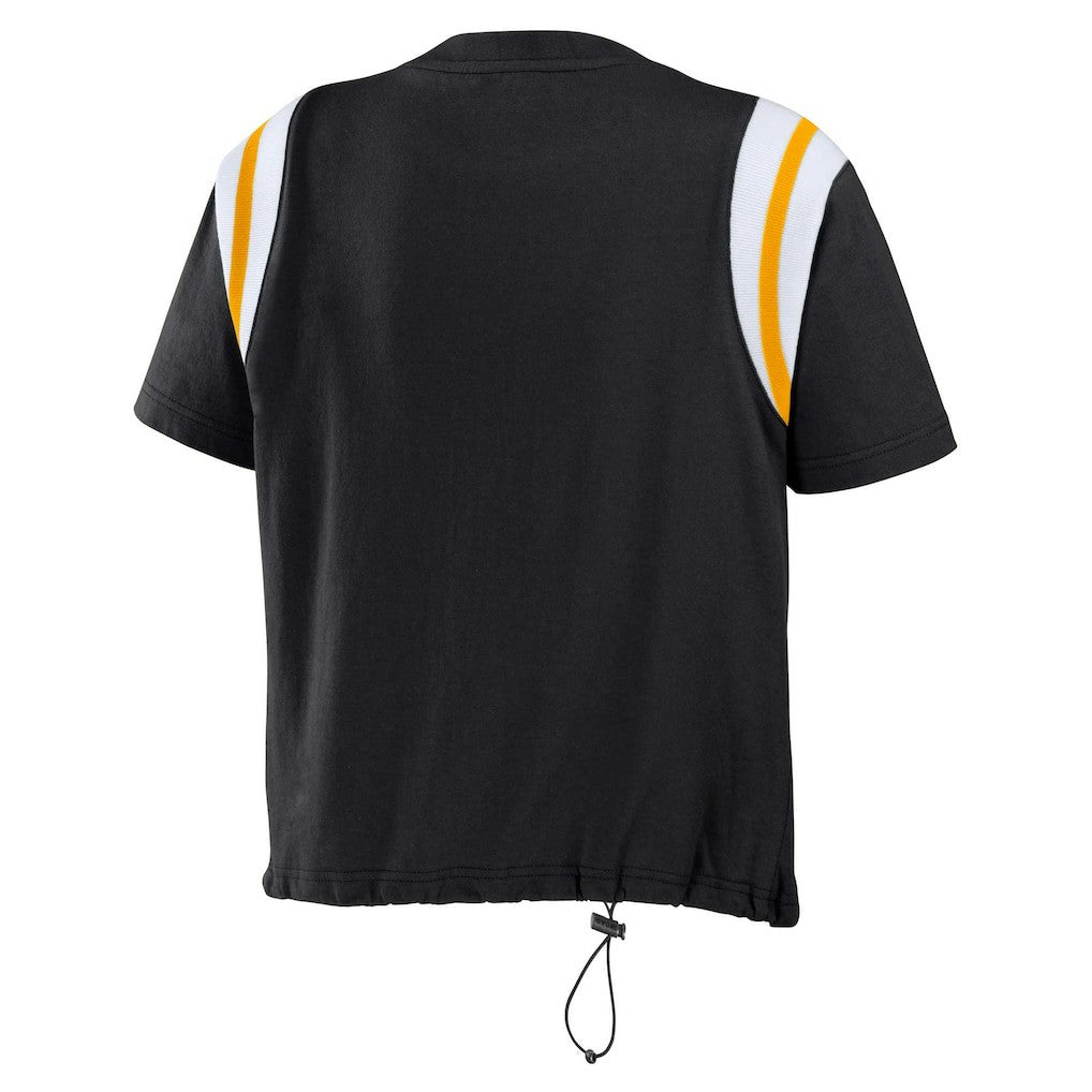 Pittsburgh Steelers WEAR by Erin Andrews Women's Cinched Colorblock T-Shirt Black | NFL