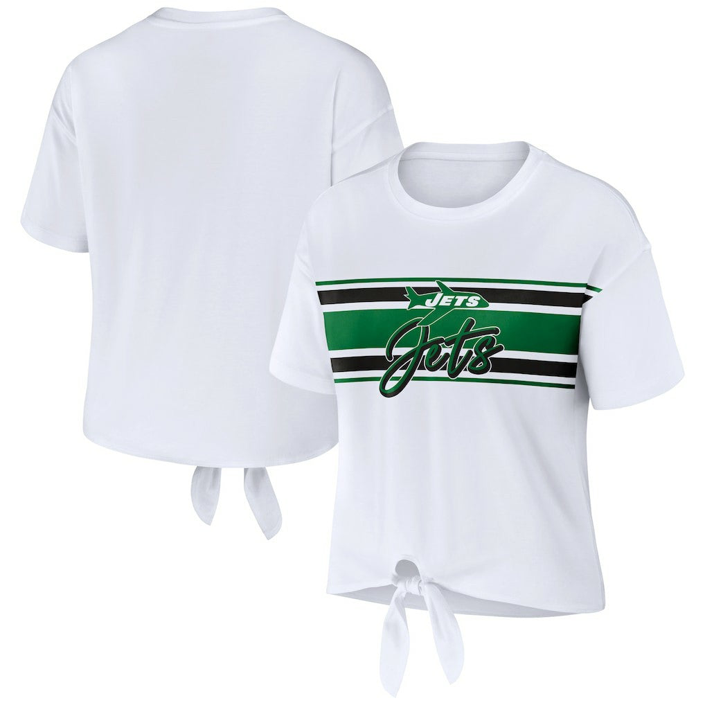 New York Jets WEAR by Erin Andrews Women's Front Tie Retro T-Shirt White | NFL