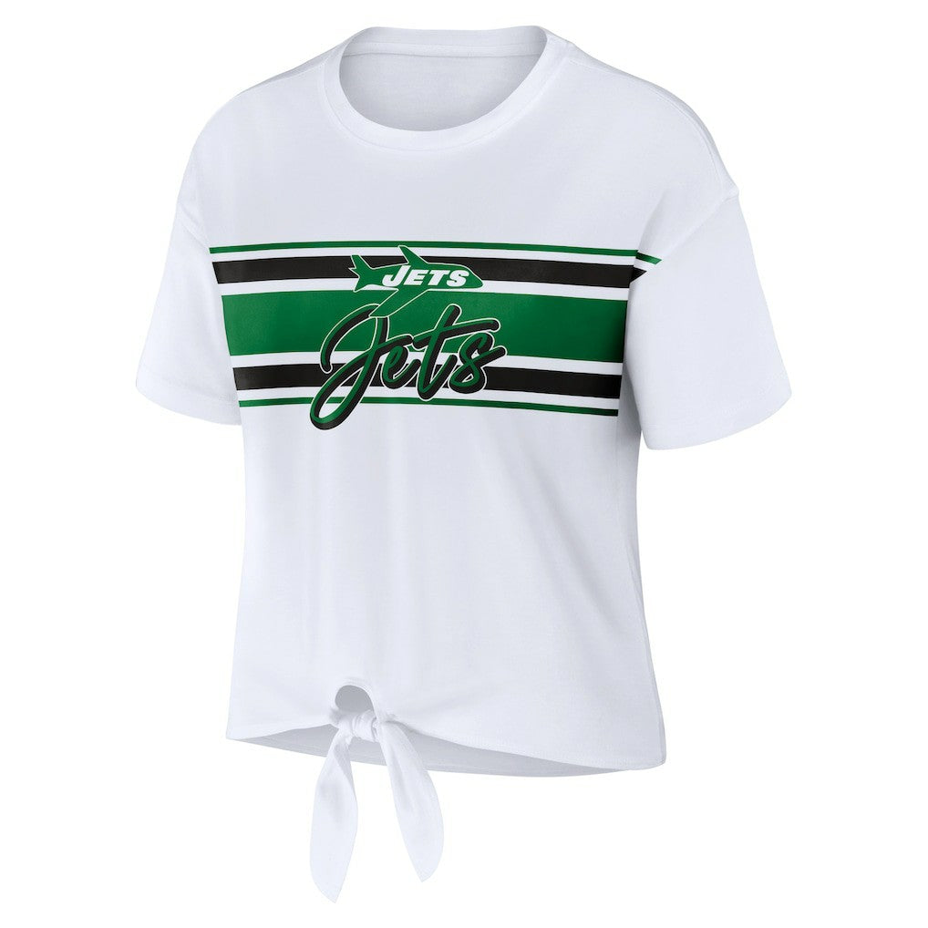 New York Jets WEAR by Erin Andrews Women's Front Tie Retro T-Shirt White | NFL