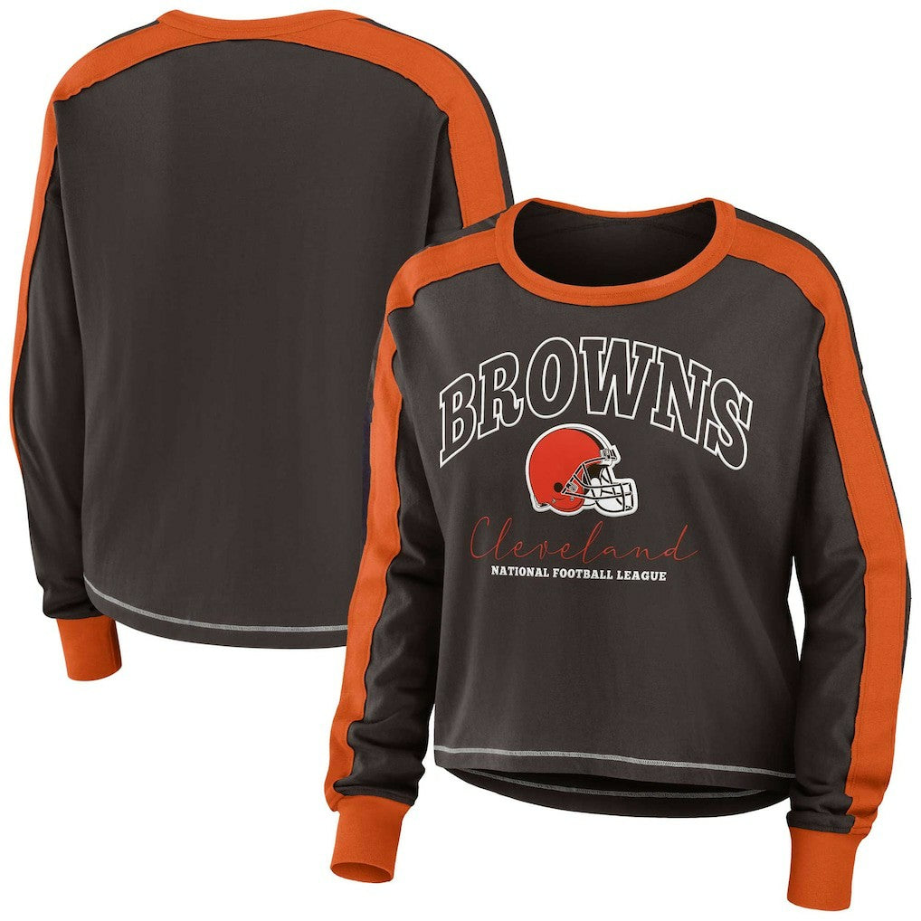 Cleveland Browns WEAR by Erin Andrews Women's Color Block Modest Crop Long Sleeve T-Shirt Brown/Orange | NFL