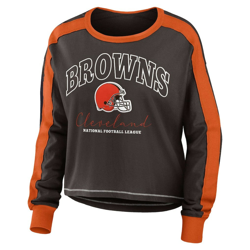 Cleveland Browns WEAR by Erin Andrews Women's Color Block Modest Crop Long Sleeve T-Shirt Brown/Orange | NFL