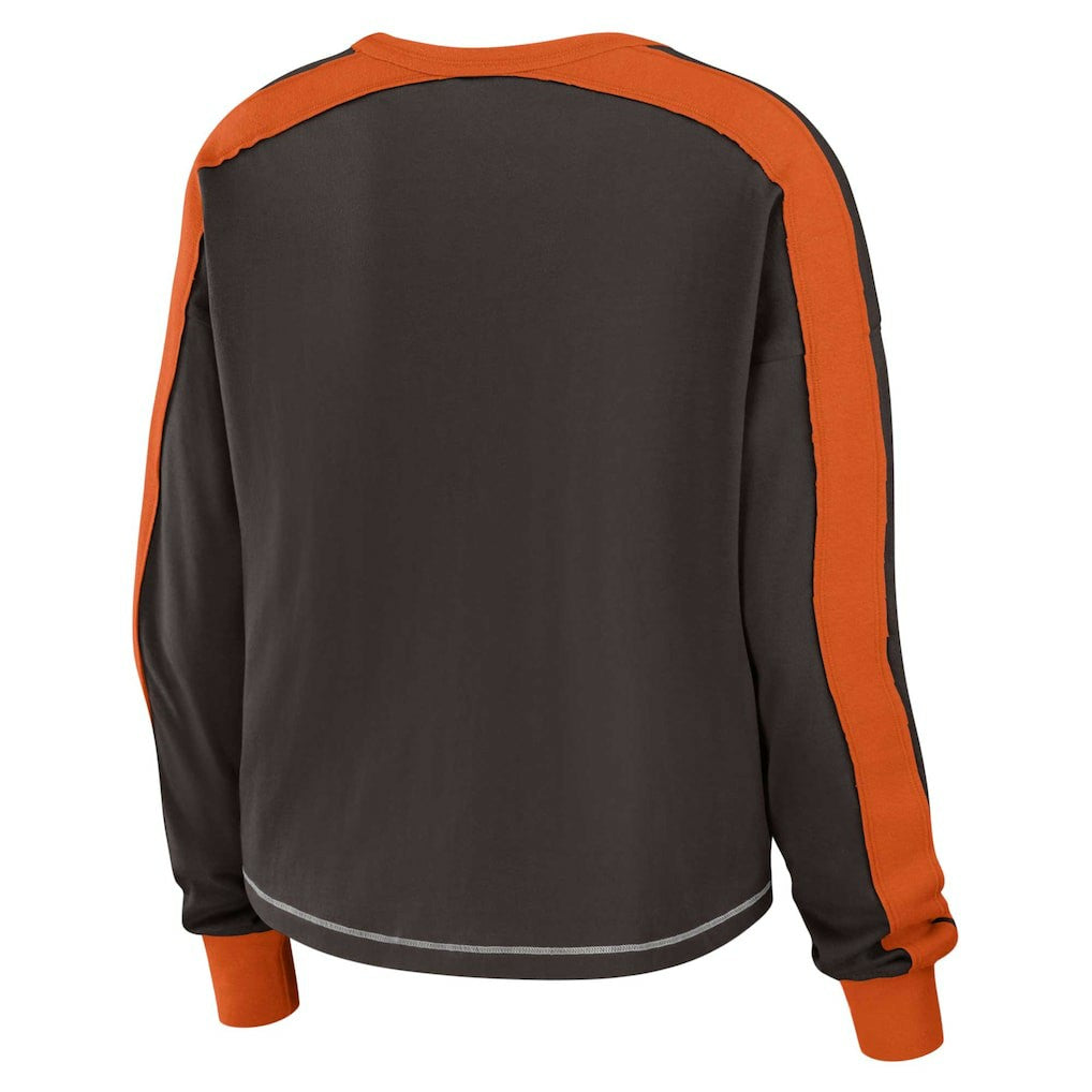 Cleveland Browns WEAR by Erin Andrews Women's Color Block Modest Crop Long Sleeve T-Shirt Brown/Orange | NFL