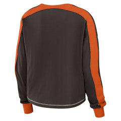 Cleveland Browns WEAR by Erin Andrews Women's Color Block Modest Crop Long Sleeve T-Shirt Brown/Orange | NFL
