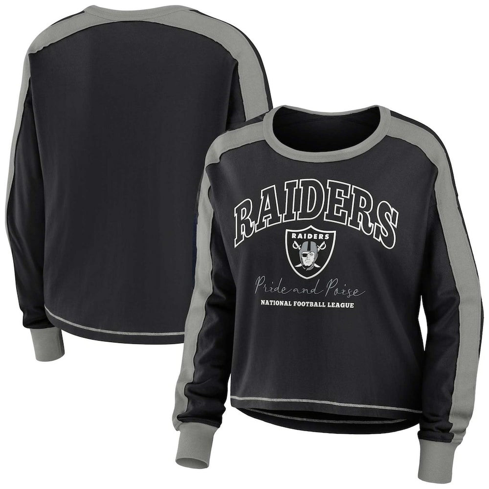 Las Vegas Raiders WEAR by Erin Andrews Women's Color Block Modest Crop Long Sleeve T-Shirt Black/Silver | NFL