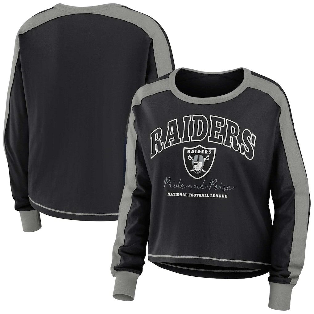 Las Vegas Raiders WEAR by Erin Andrews Women's Color Block Modest Crop Long Sleeve T-Shirt Black/Silver | NFL