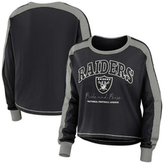 Las Vegas Raiders WEAR by Erin Andrews Women's Color Block Modest Crop Long Sleeve T-Shirt Black/Silver | NFL
