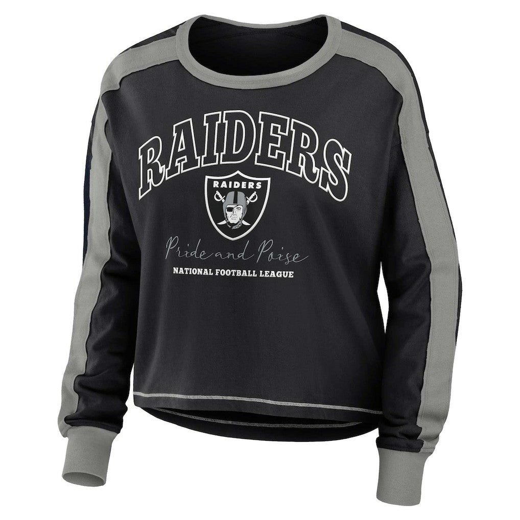 Las Vegas Raiders WEAR by Erin Andrews Women's Color Block Modest Crop Long Sleeve T-Shirt Black/Silver | NFL