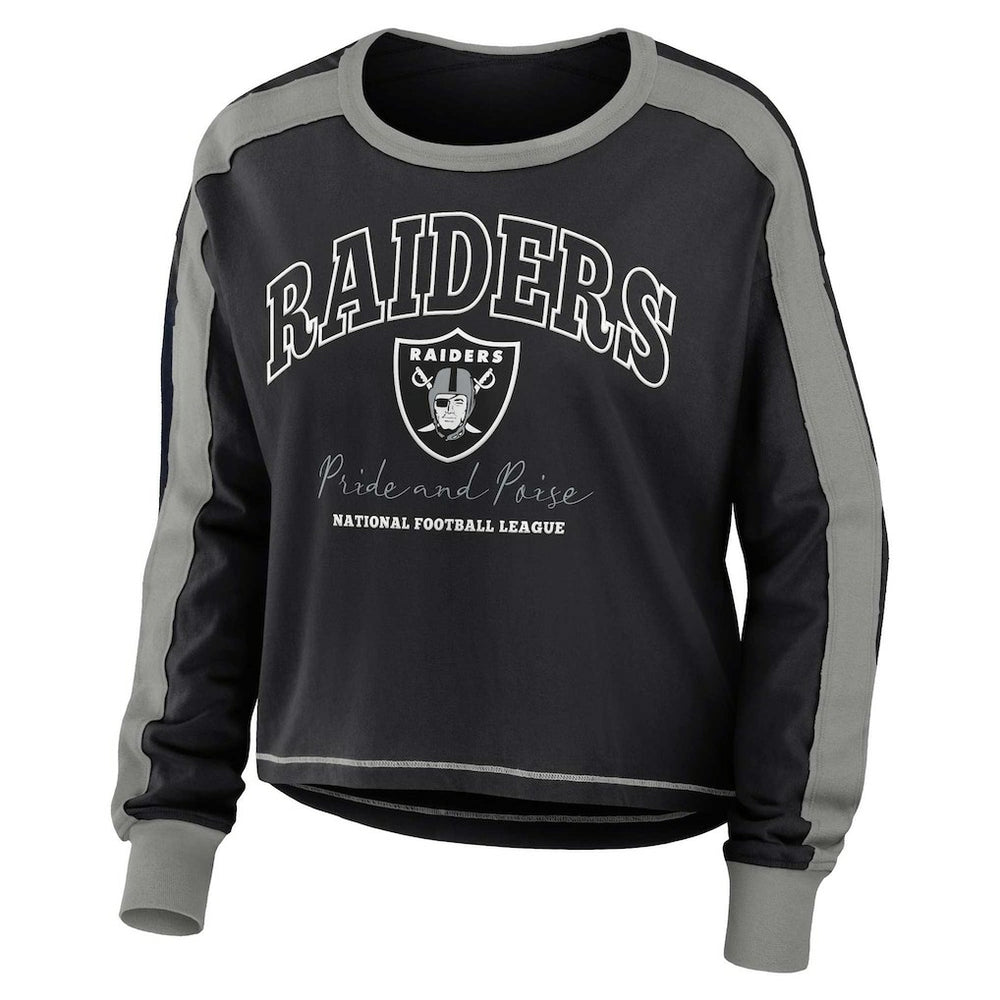 Las Vegas Raiders WEAR by Erin Andrews Women's Color Block Modest Crop Long Sleeve T-Shirt Black/Silver | NFL