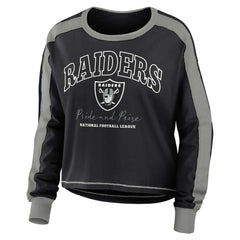 Las Vegas Raiders WEAR by Erin Andrews Women's Color Block Modest Crop Long Sleeve T-Shirt Black/Silver | NFL