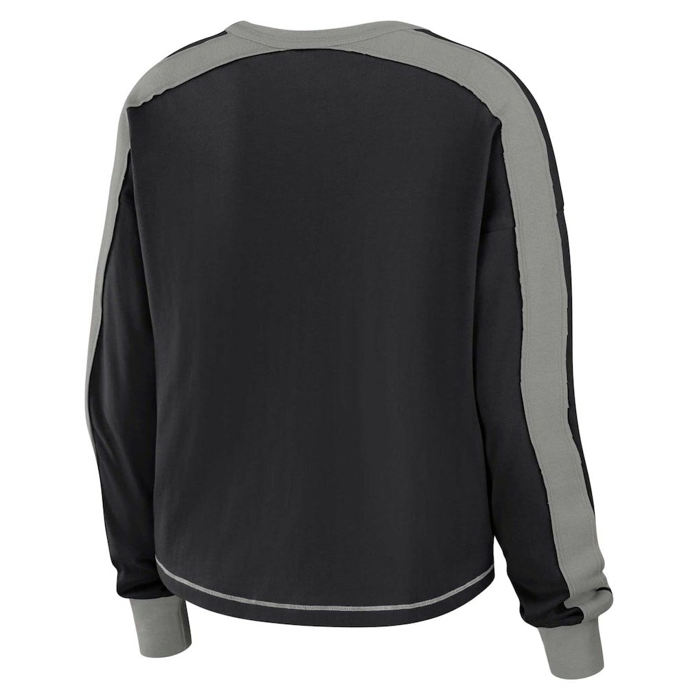 Las Vegas Raiders WEAR by Erin Andrews Women's Color Block Modest Crop Long Sleeve T-Shirt Black/Silver | NFL