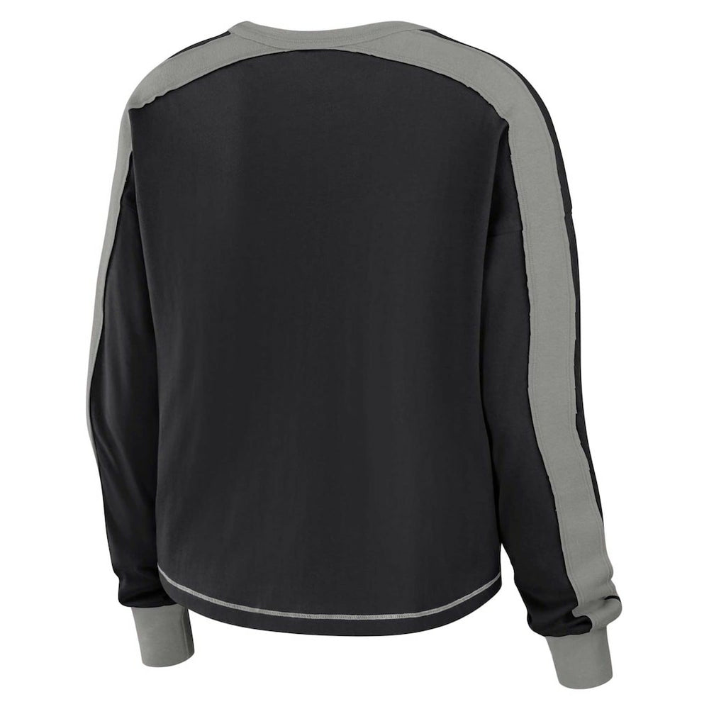 Las Vegas Raiders WEAR by Erin Andrews Women's Color Block Modest Crop Long Sleeve T-Shirt Black/Silver | NFL