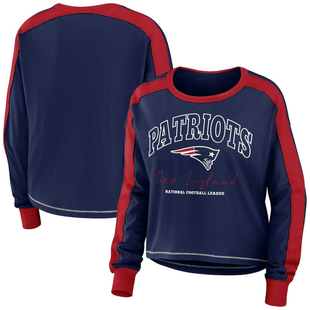 New England Patriots WEAR by Erin Andrews Women's Color Block Modest Crop Long Sleeve T-Shirt Navy/Red | NFL