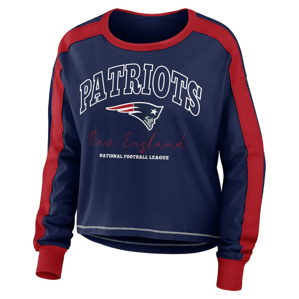 New England Patriots WEAR by Erin Andrews Women's Color Block Modest Crop Long Sleeve T-Shirt Navy/Red | NFL