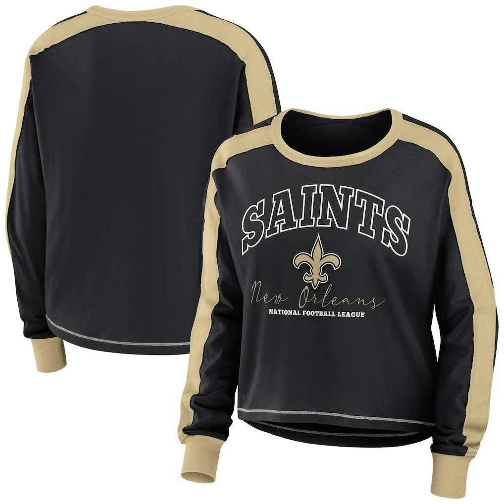 New Orleans Saints WEAR by Erin Andrews Women's Color Block Modest Crop Long Sleeve T-Shirt Black/Gold | NFL