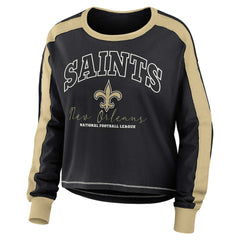 New Orleans Saints WEAR by Erin Andrews Women's Color Block Modest Crop Long Sleeve T-Shirt Black/Gold | NFL