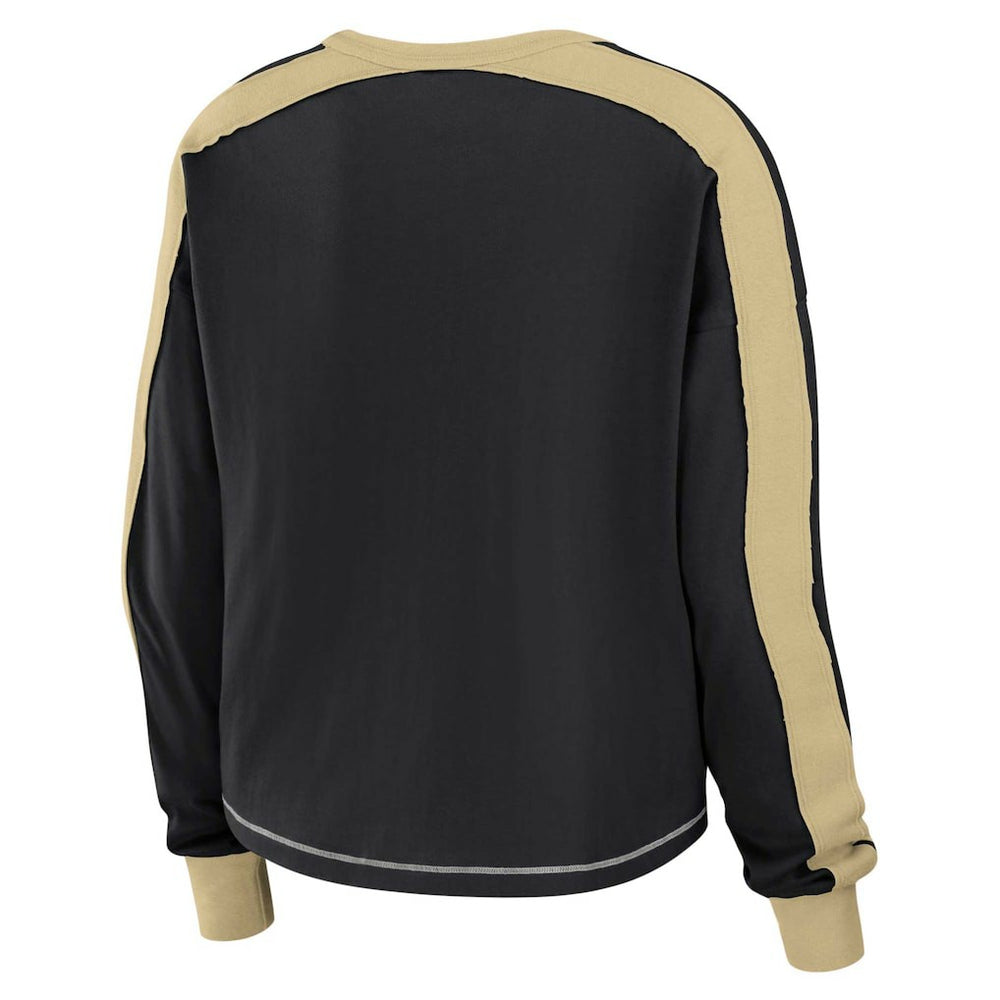 New Orleans Saints WEAR by Erin Andrews Women's Color Block Modest Crop Long Sleeve T-Shirt Black/Gold | NFL