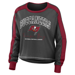 Tampa Bay Buccaneers WEAR by Erin Andrews Women's Color Block Modest Crop Long Sleeve T-Shirt Pewter/Red | NFL