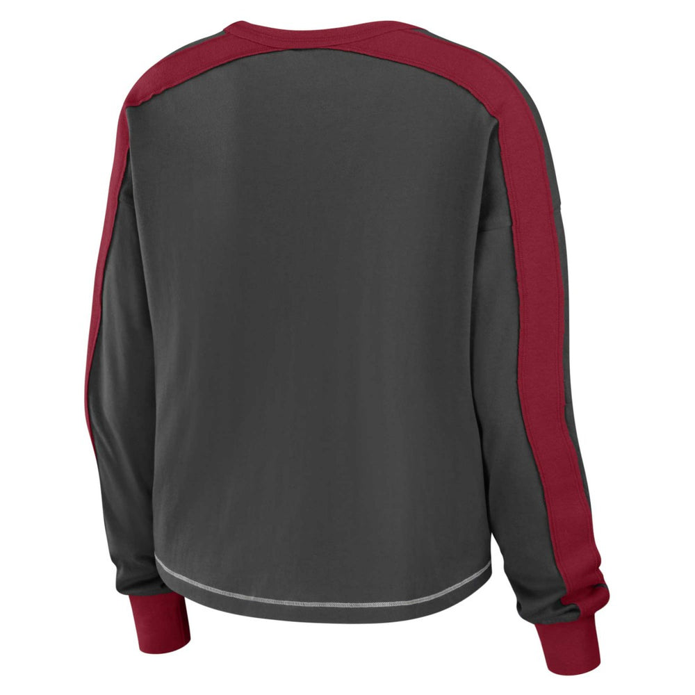 Tampa Bay Buccaneers WEAR by Erin Andrews Women's Color Block Modest Crop Long Sleeve T-Shirt Pewter/Red | NFL