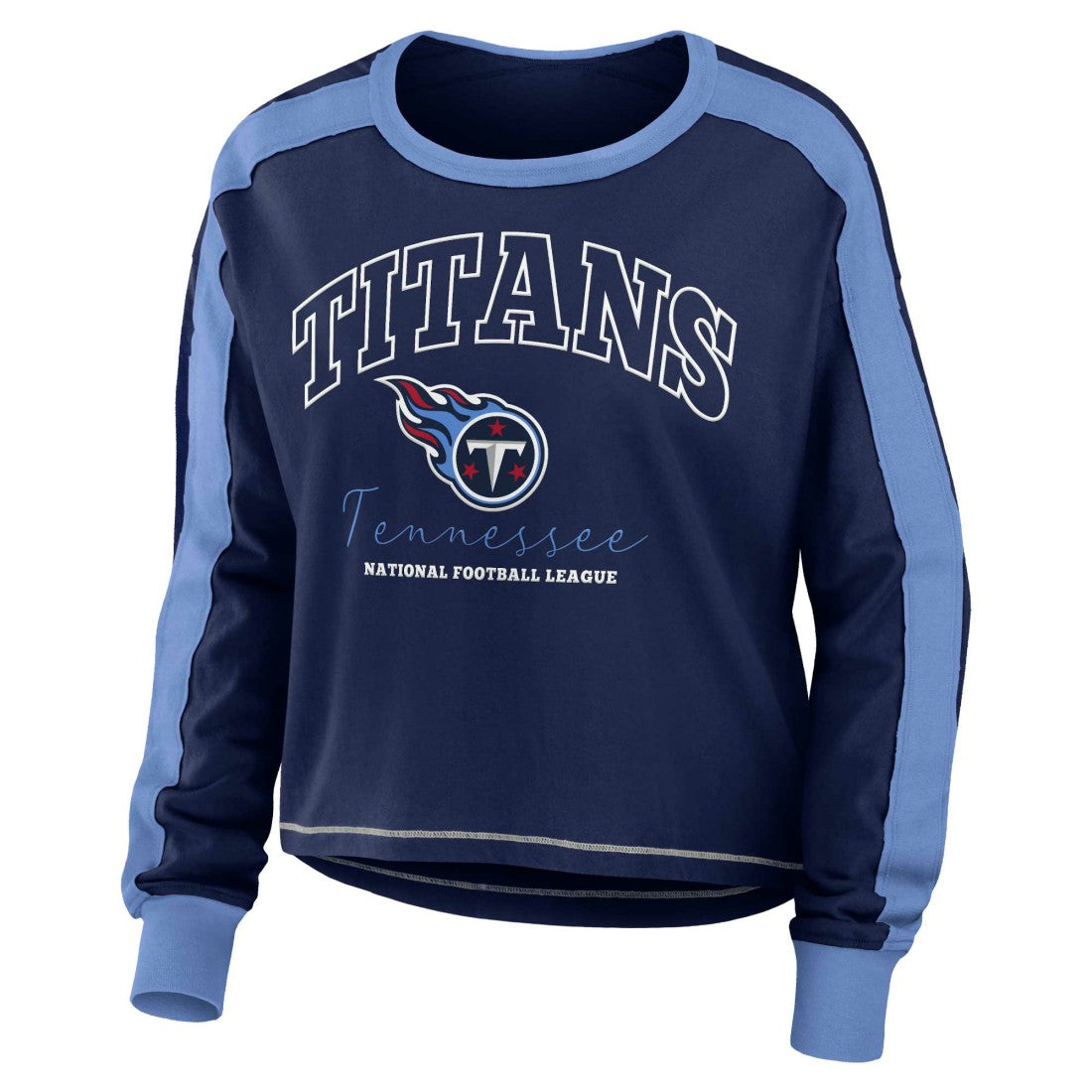 Tennessee Titans WEAR by Erin Andrews Women's Color Block Modest Crop Long Sleeve T-Shirt Navy/Light Blue | NFL