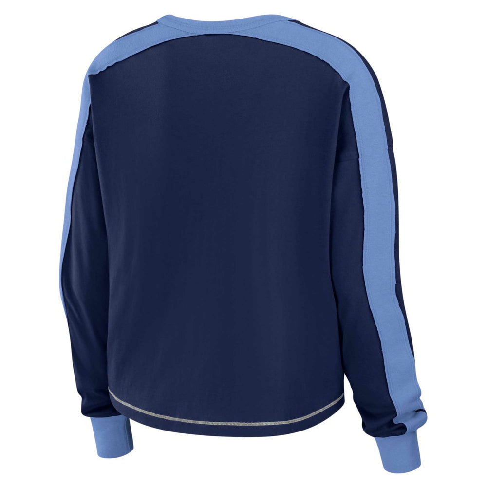 Tennessee Titans WEAR by Erin Andrews Women's Color Block Modest Crop Long Sleeve T-Shirt Navy/Light Blue | NFL