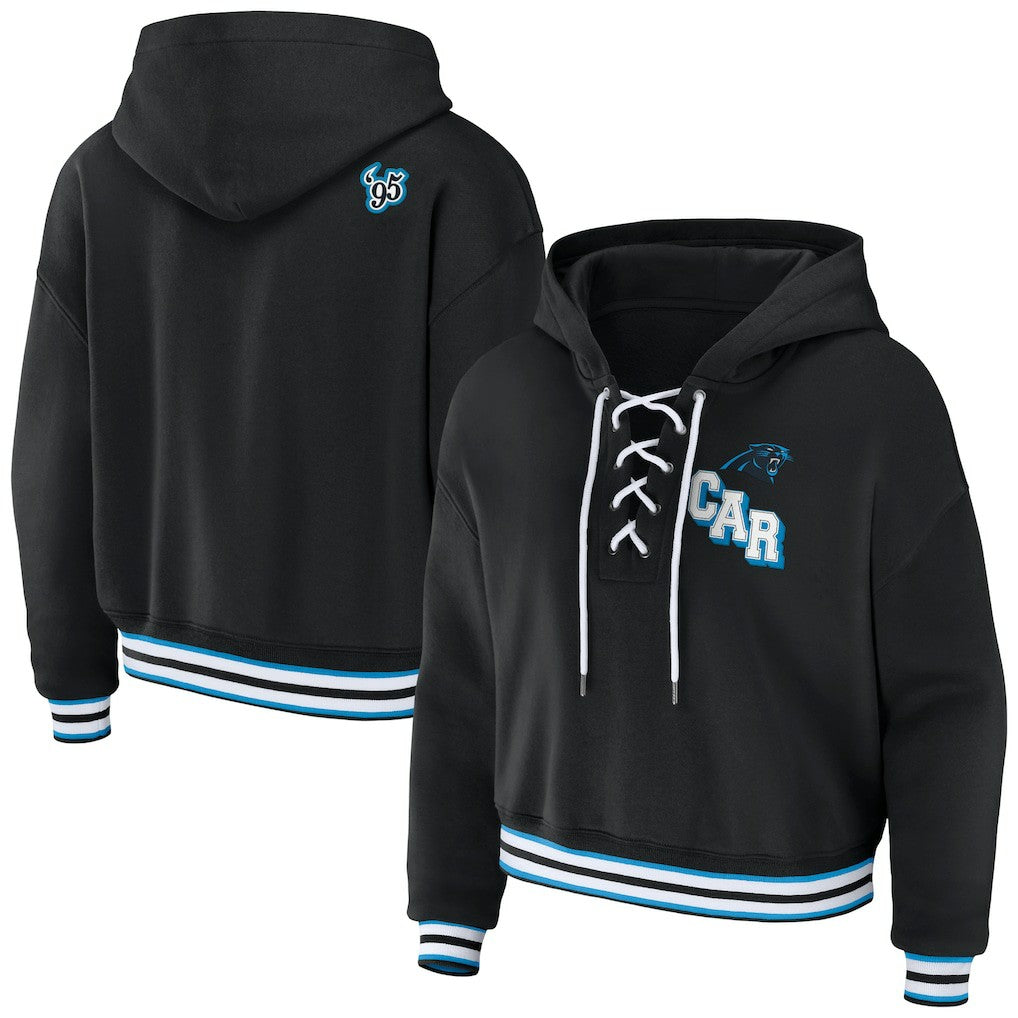 Carolina Panthers WEAR by Erin Andrews Women's Lace-Up Pullover Hoodie Black | NFL