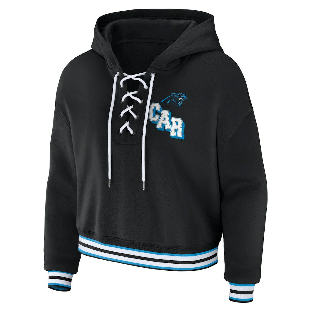 Carolina Panthers WEAR by Erin Andrews Women's Lace-Up Pullover Hoodie Black | NFL