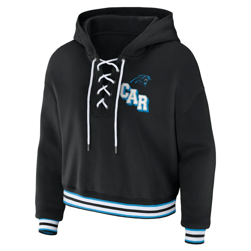 Carolina Panthers WEAR by Erin Andrews Women's Lace-Up Pullover Hoodie Black | NFL