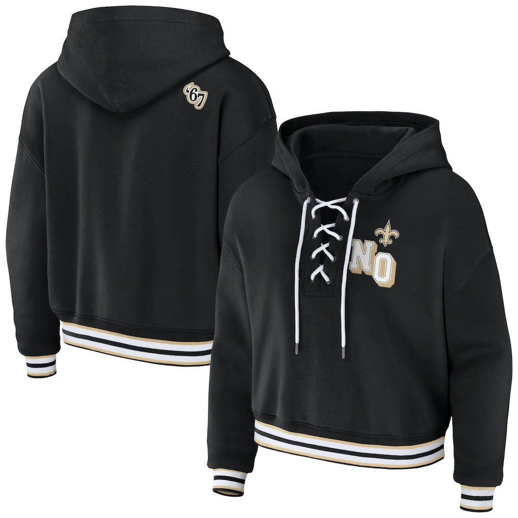 New Orleans Saints WEAR by Erin Andrews Women's Lace-Up Pullover Hoodie Black | NFL