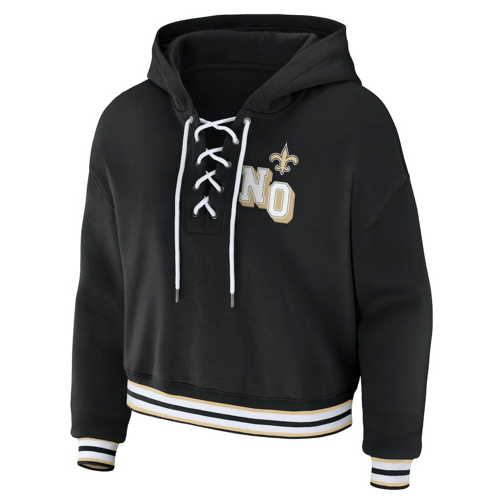 New Orleans Saints WEAR by Erin Andrews Women's Lace-Up Pullover Hoodie Black | NFL