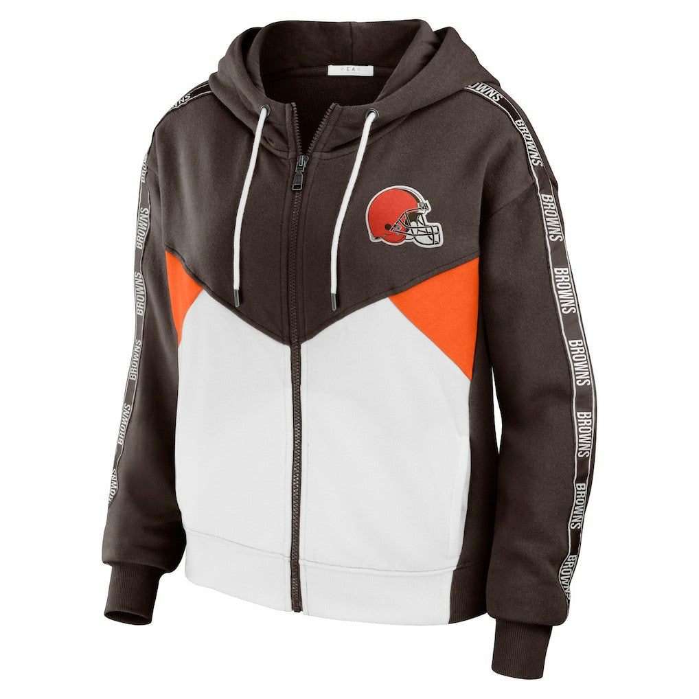 Cleveland Browns WEAR by Erin Andrews Women's Color Block Light Weight Modest Crop Full-Zip Hoodie Brown/White | NFL