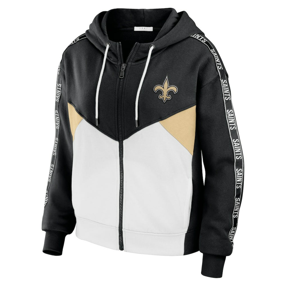New Orleans Saints WEAR by Erin Andrews Women's Color Block Light Weight Modest Crop Full-Zip Hoodie Black/White | NFL