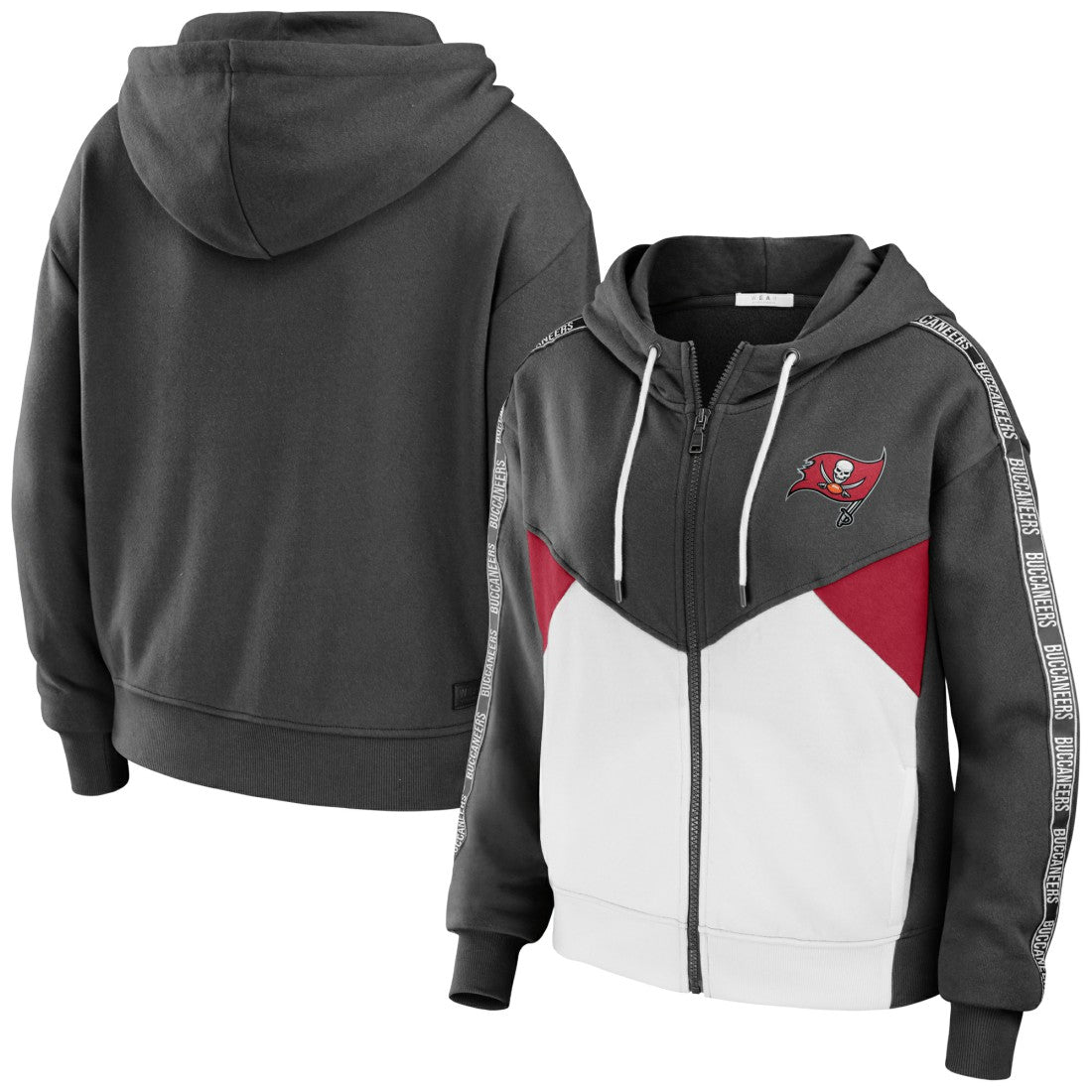 Tampa Bay Buccaneers WEAR by Erin Andrews Women's Color Block Light Weight Modest Crop Full-Zip Hoodie Pewter/White | NFL