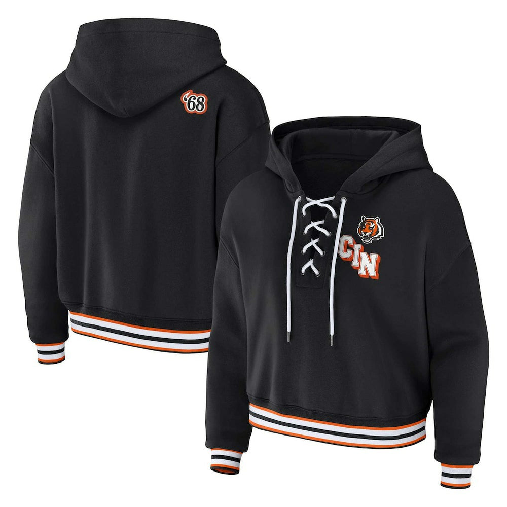 Cincinnati Bengals WEAR by Erin Andrews Women's Plus Size Lace-Up Pullover Hoodie Black | NFL