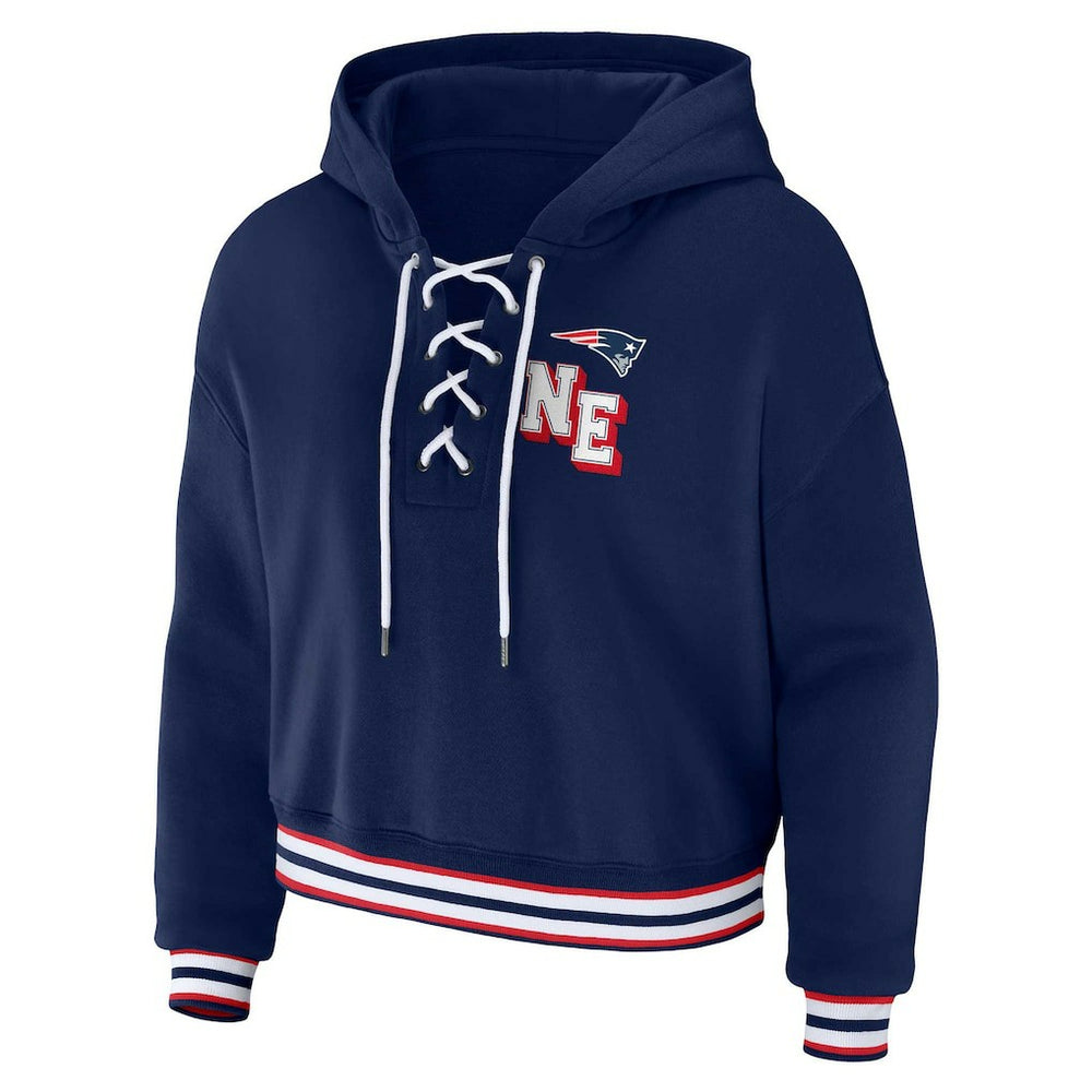 New England Patriots WEAR by Erin Andrews Women's Plus Size Lace-Up Pullover Hoodie Navy | NFL