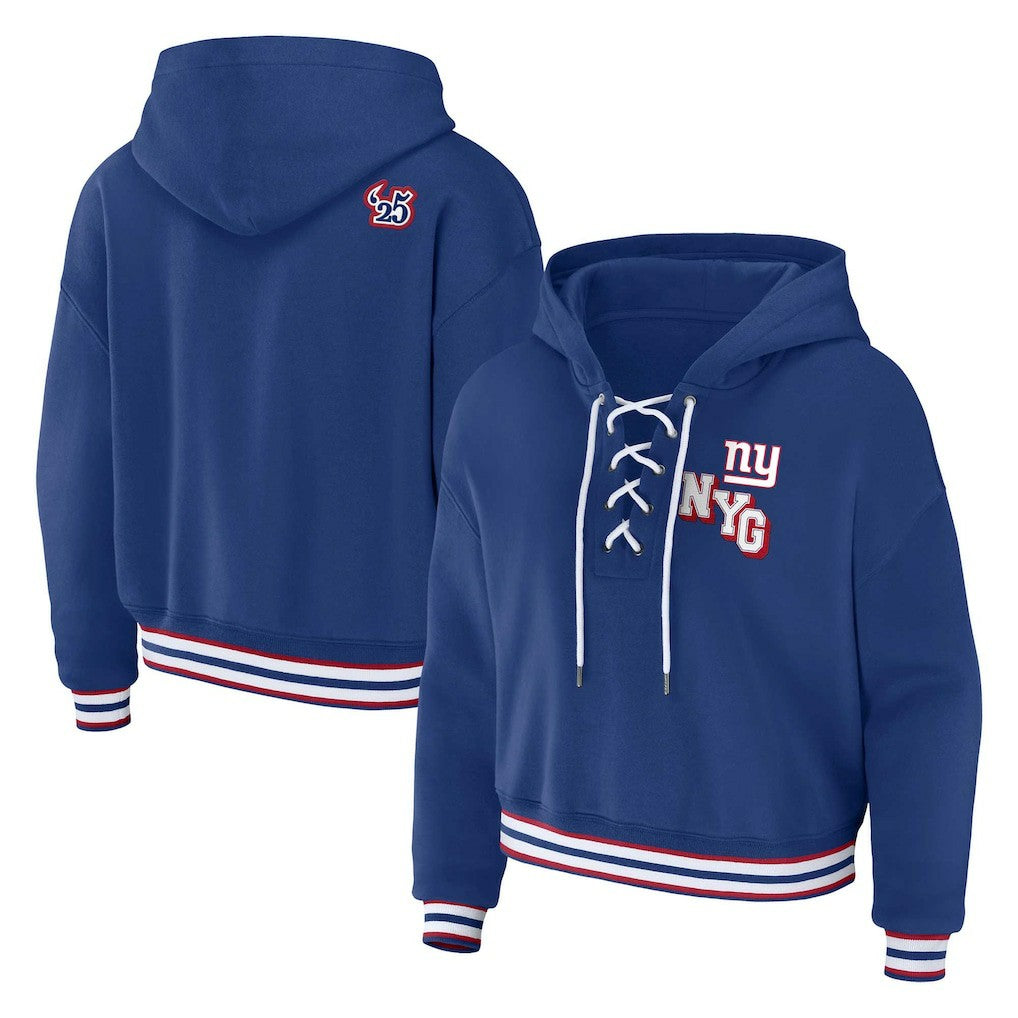New York Giants WEAR by Erin Andrews Women's Plus Size Lace-Up Pullover Hoodie Royal | NFL