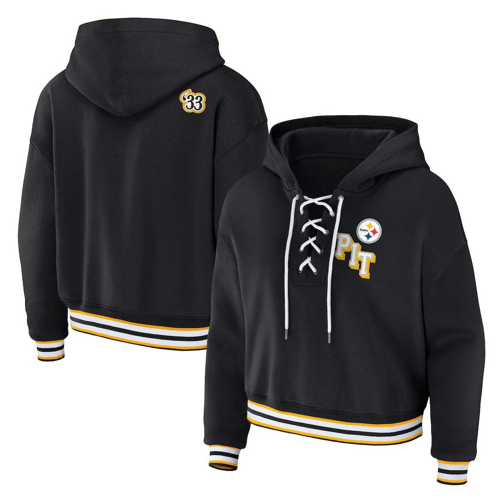 Pittsburgh Steelers WEAR by Erin Andrews Women's Plus Size Lace-Up Pullover Hoodie Black | NFL