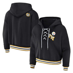 Pittsburgh Steelers WEAR by Erin Andrews Women's Plus Size Lace-Up Pullover Hoodie Black | NFL