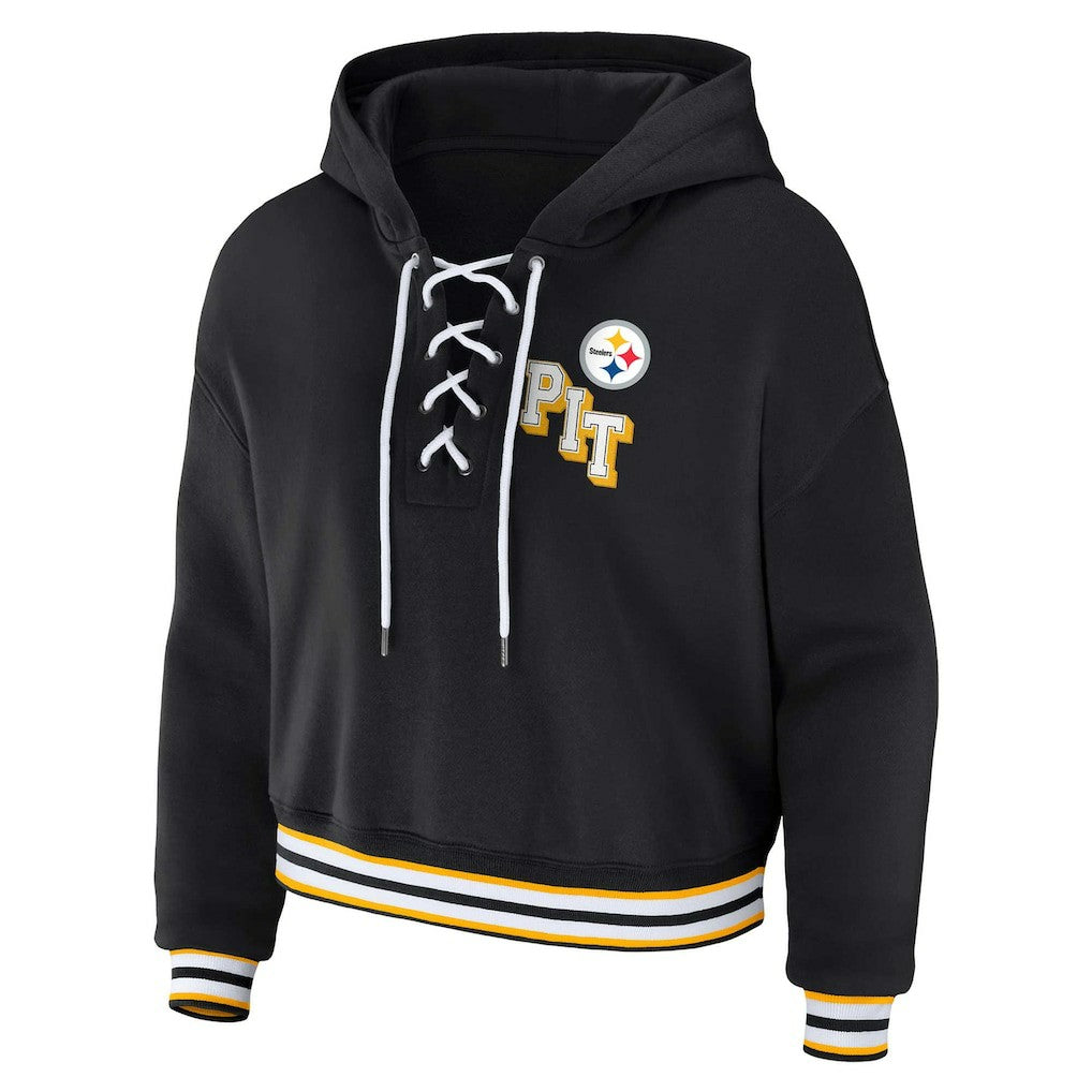 Pittsburgh Steelers WEAR by Erin Andrews Women's Plus Size Lace-Up Pullover Hoodie Black | NFL