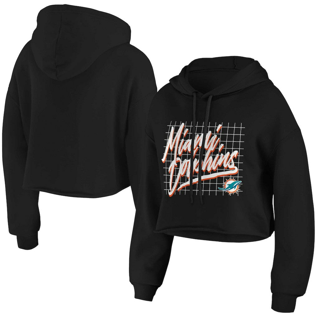 Miami Dolphins WEAR by Erin Andrews Women's Domestic Cropped Pullover Hoodie Black | NFL