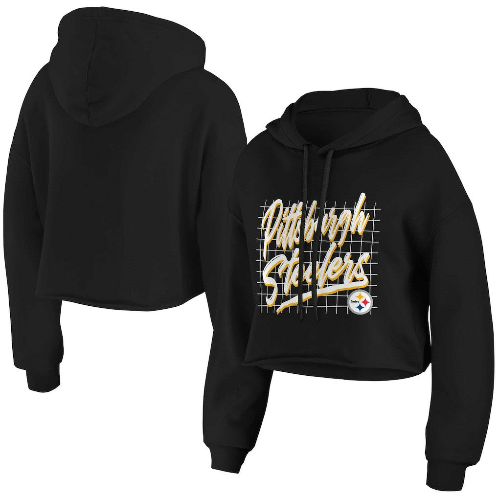 Pittsburgh Steelers WEAR by Erin Andrews Women's Domestic Cropped Pullover Hoodie Black | NFL