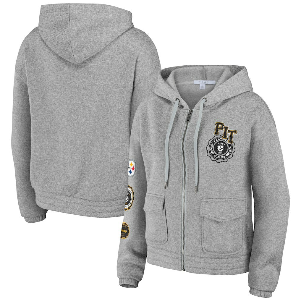 Pittsburgh Steelers WEAR by Erin Andrews Women's Full-Zip Hoodie Heather Gray | NFL