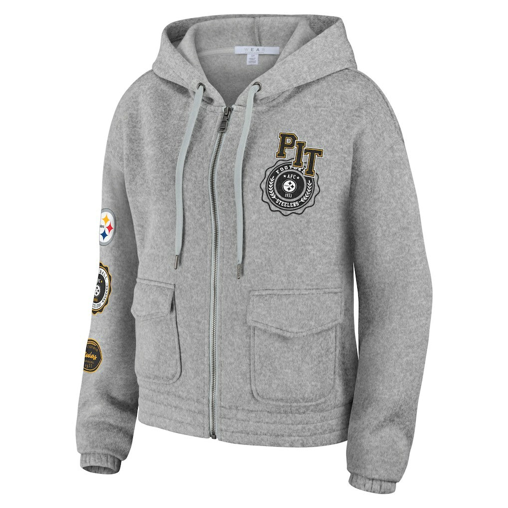 Pittsburgh Steelers WEAR by Erin Andrews Women's Full-Zip Hoodie Heather Gray | NFL
