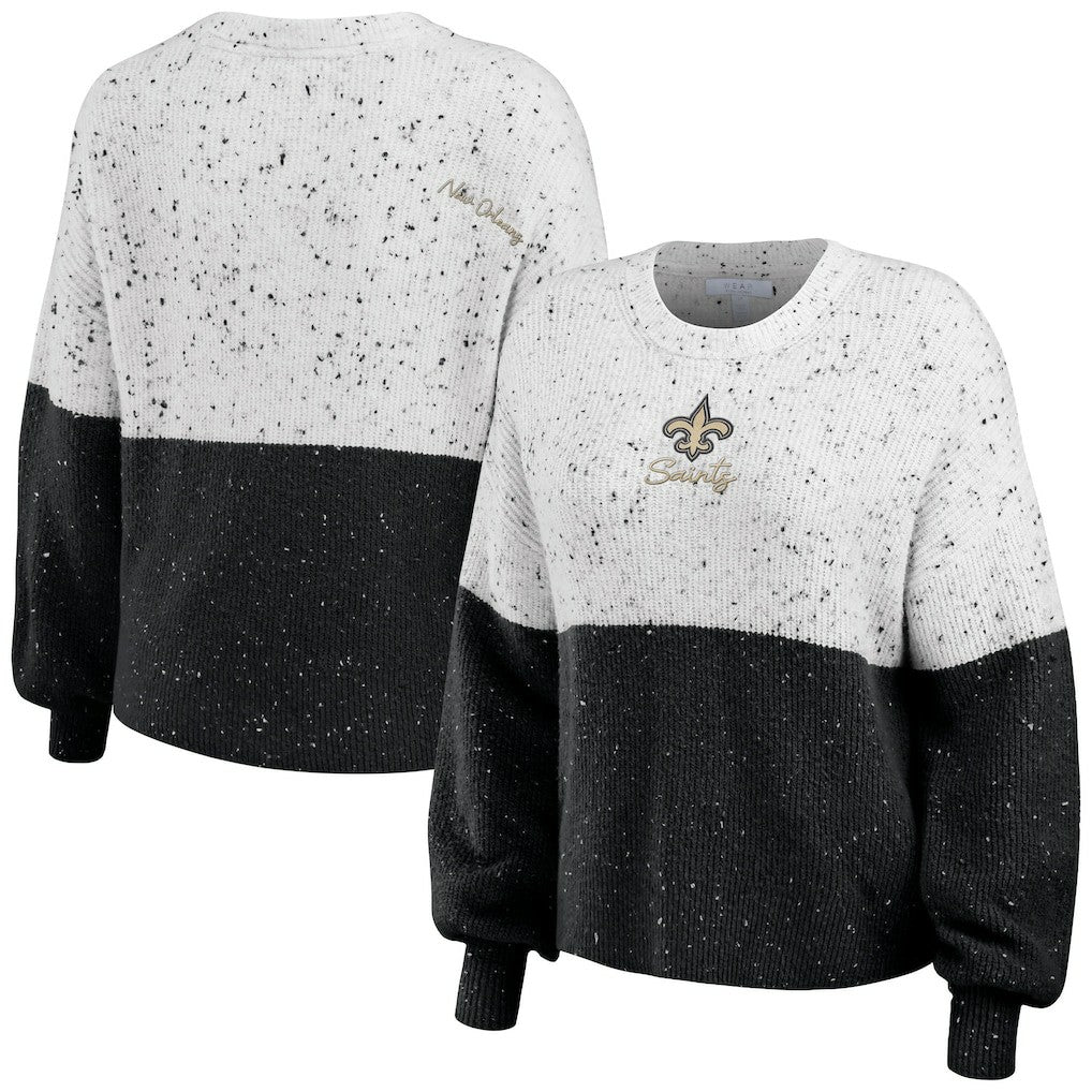 New Orleans Saints WEAR by Erin Andrews Women's Lighweight Modest Crop Color-Block Pullover Sweater White/Black | NFL
