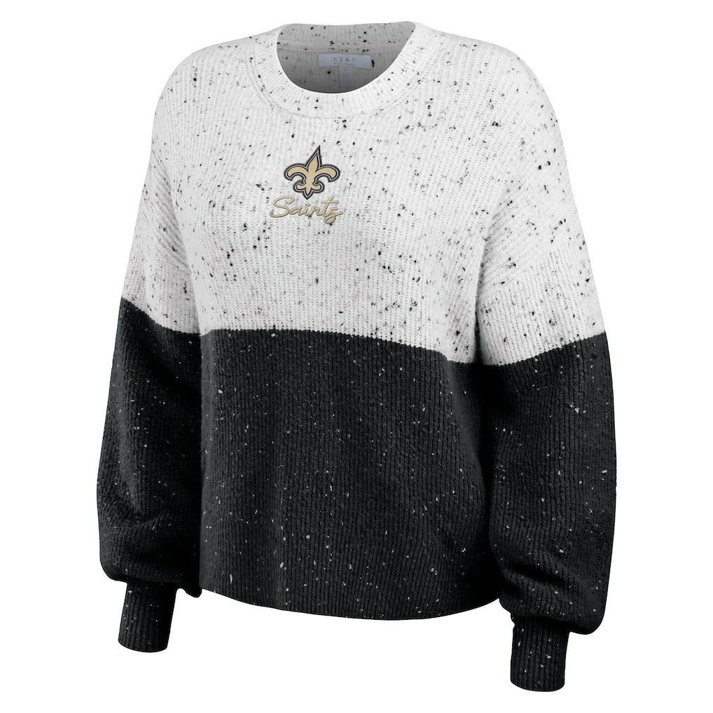 New Orleans Saints WEAR by Erin Andrews Women's Lighweight Modest Crop Color-Block Pullover Sweater White/Black | NFL