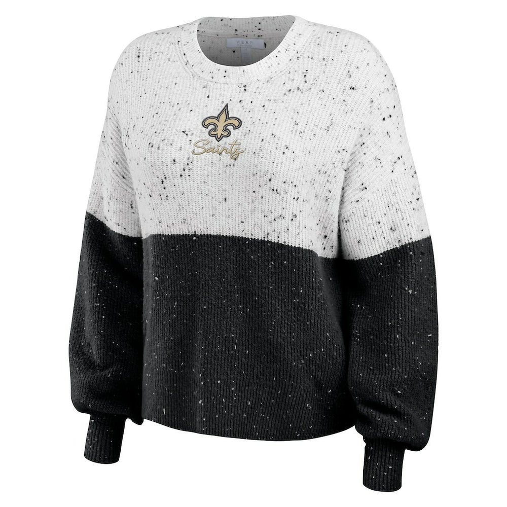 New Orleans Saints WEAR by Erin Andrews Women's Lighweight Modest Crop Color-Block Pullover Sweater White/Black | NFL