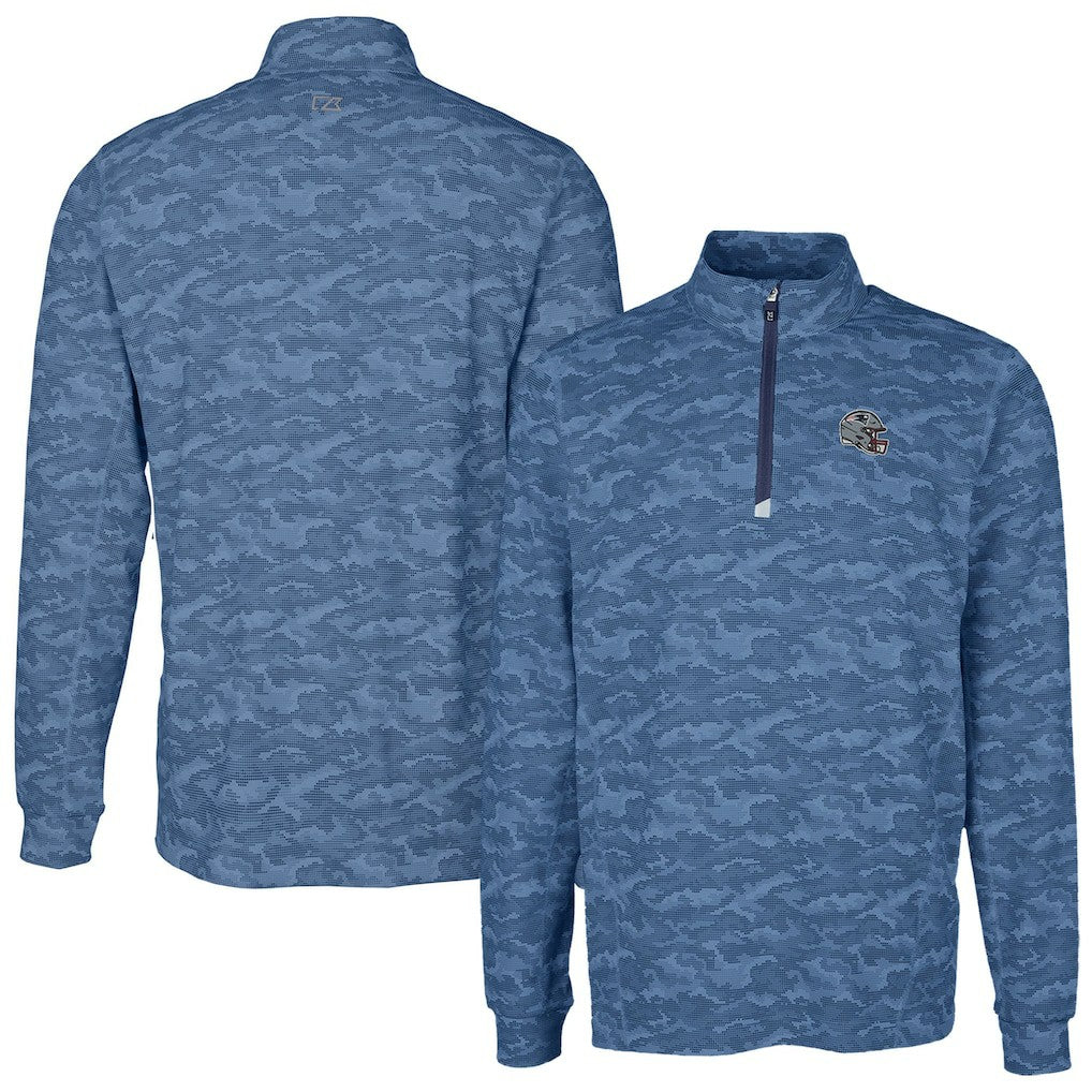 New England Patriots Cutter & Buck Helmet Traverse Camo Print Stretch Quarter-Zip Pullover Top Navy | NFL