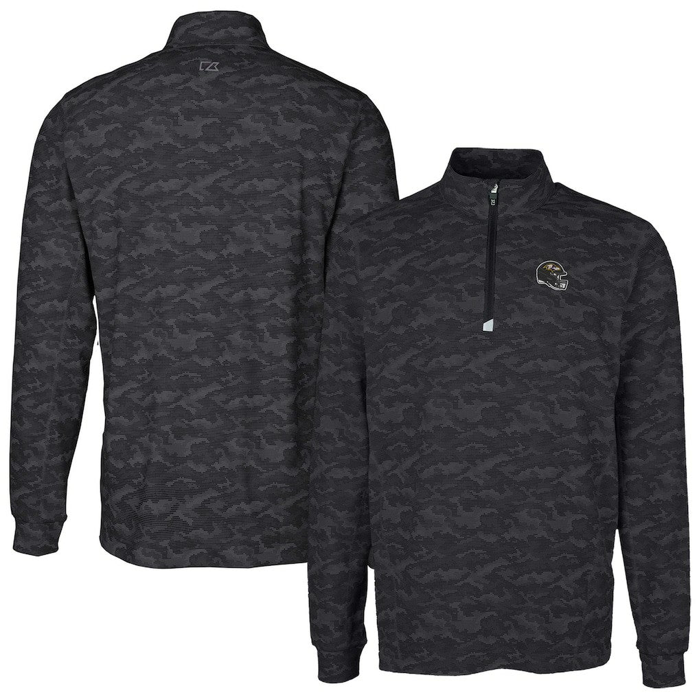 Baltimore Ravens Cutter & Buck Helmet Traverse Camo Print Stretch Quarter-Zip Pullover Top Black | NFL