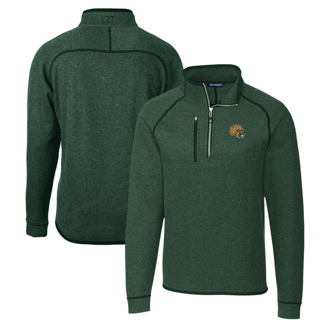 Green Bay Packers Cutter & Buck Helmet Mainsail Sweater-Knit Half-Zip Pullover Jacket Hunter Green | NFL